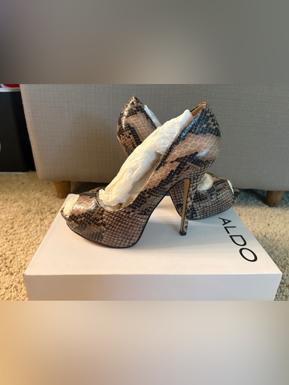 ALDO Snake-Print Peep Toe High Heels in Brown and Black